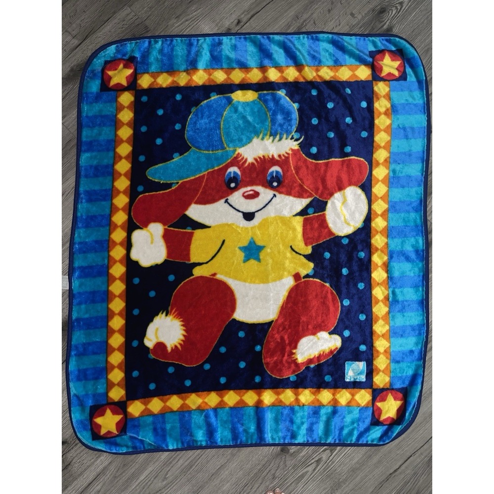 NovaTex Vintage Baby Plush Blanket Vibrant Red Floppy Ear Dog Puppy & Blue Hat